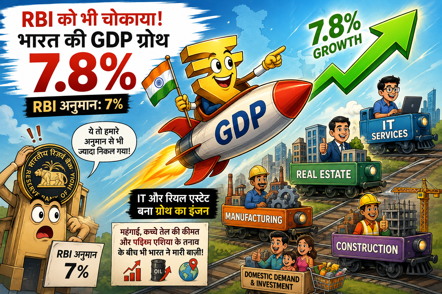 RBI को भी चोकाया पहली तिमाही में भारत की GDP ग्रोथ7.8% - ITऔर रियल एस्टेट बना ग्रोथ का इंजन