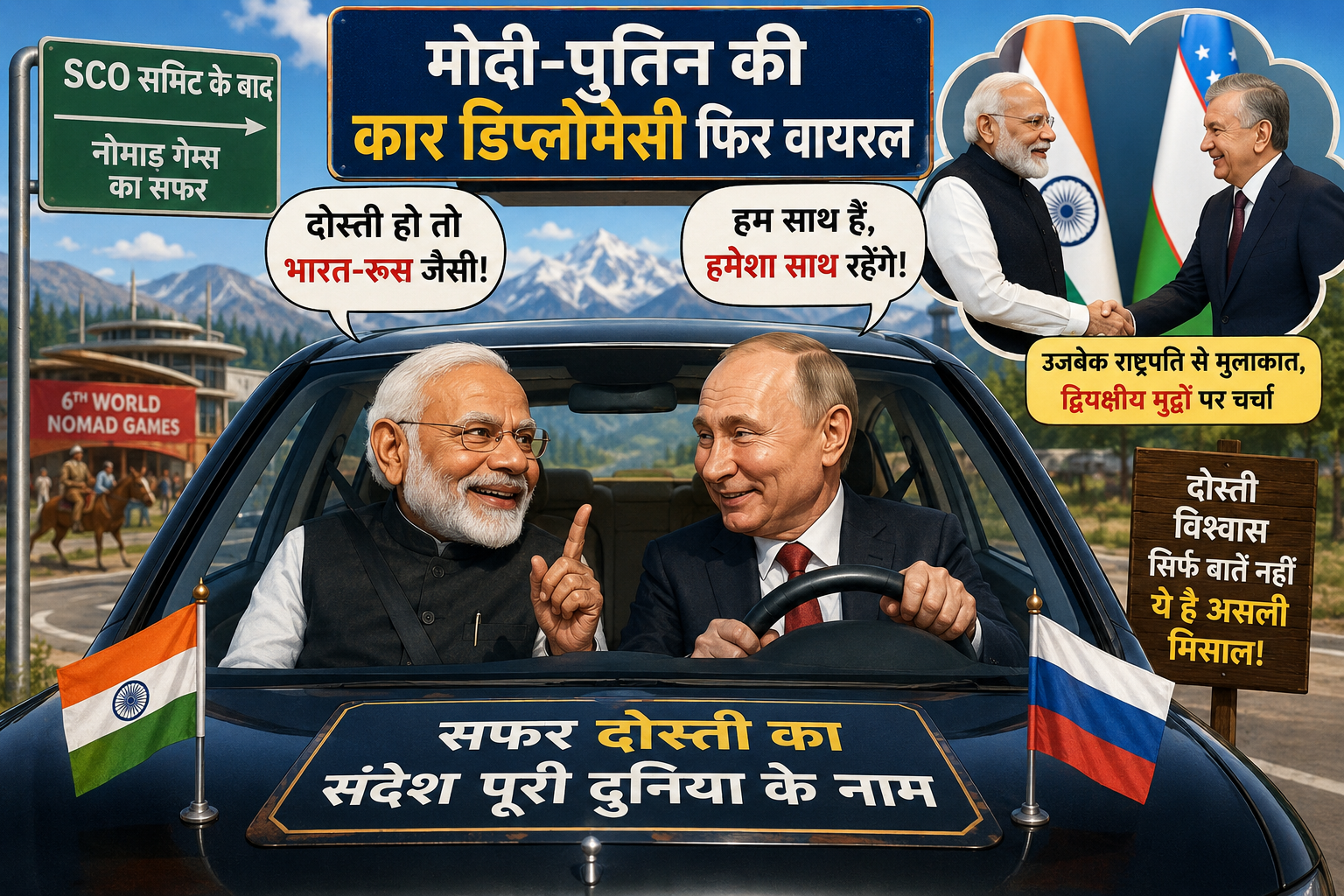 PM मोदी-पुतिन की कार डिप्लोमेसी फिर वायरल, SCO के बाद साथ बैठकर पहुंचे नोमाड गेम्स,उज्बेक राष्ट्रपति से भी की मुलाकात