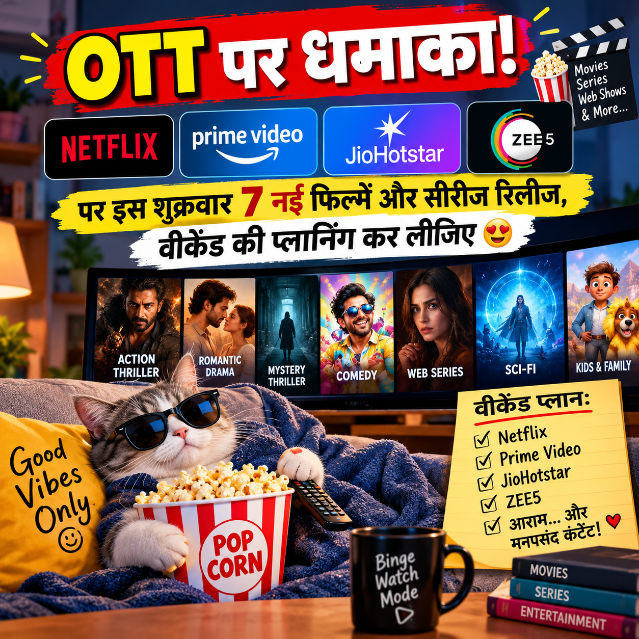OTT पर धमाका! Netflix, Prime, JioHotstar और ZEE5 पर इस शुक्रवार 7 नई फिल्में और सीरीज रिलीज, वीकेंड की प्लानिंग कर लीजिए