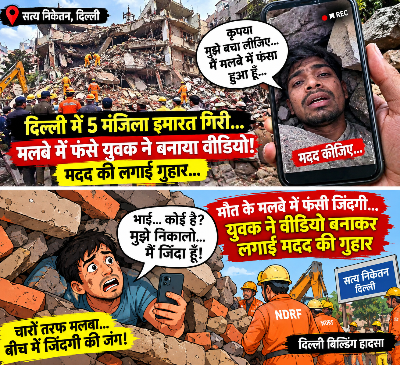 दिल्ली में भरभराकर गिरी 5 मंजिला इमारत, मलबे में फंसे युवक ने बनाया वीडियो