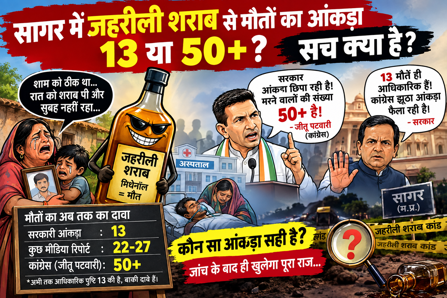 सागर जहरीली शराब कांड: 13 मौतों के सरकारी आंकड़े पर सवाल, 22-27 मौतों की रिपोर्ट और पटवारी के 50+ दावे से गरमाई सियासत