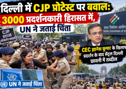 "दिल्ली में CJP प्रोटेस्ट पर बवाल: 3000 प्रदर्शनकारी हिरासत में, UN ने जताई चिंता, CEC ज्ञानेश कुमार के खिलाफ प्रदर्शन के बाद सेंट्रल दिल्ली छावनी में तब्दील"