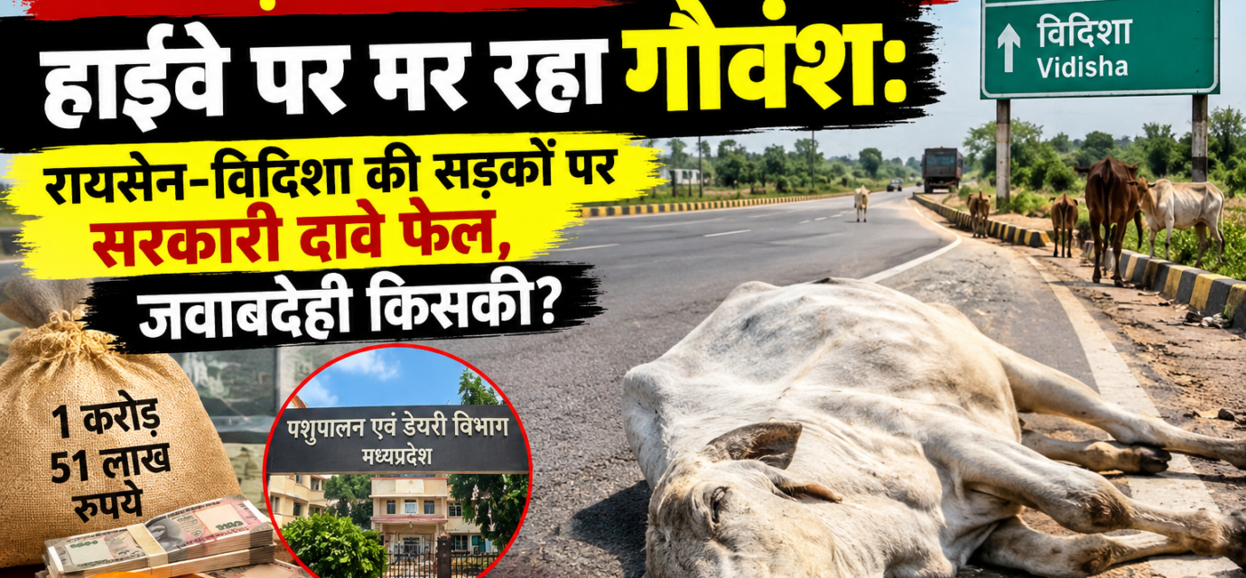 "1 करोड़ 51 लाख खर्च के बाद भी हाईवे पर मर रहा गौवंश: रायसेन-विदिशा की सड़कों पर सरकारी दावे फेल, जवाबदेही किसकी?"